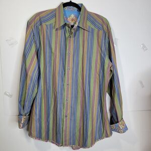 Mens Robert Graham Bold Stripe Multi color Paisley cuffs Long Sleeve Size XL